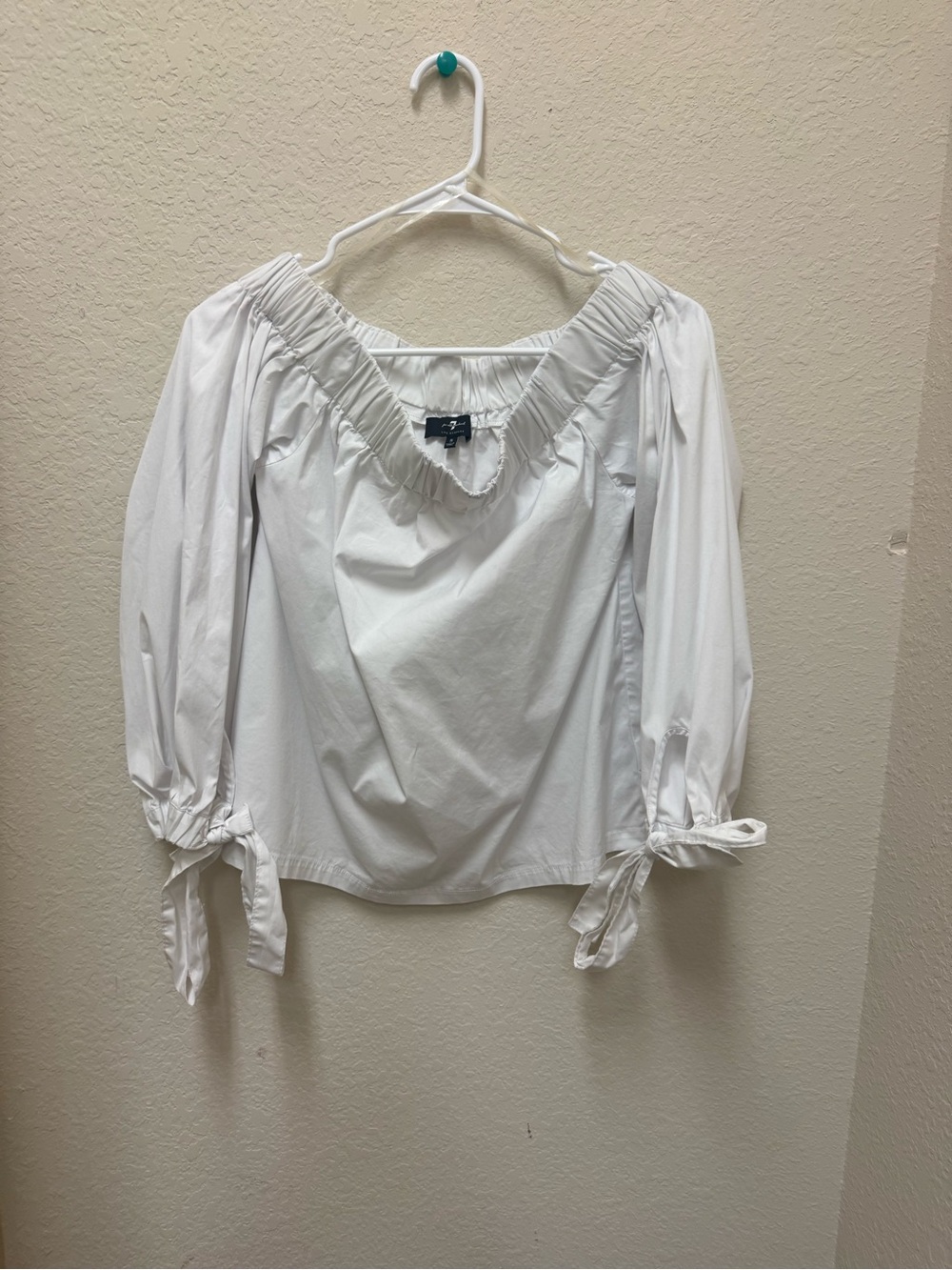7 For All Mankind White Off-Shoulder Tie-Sleeve Blouse